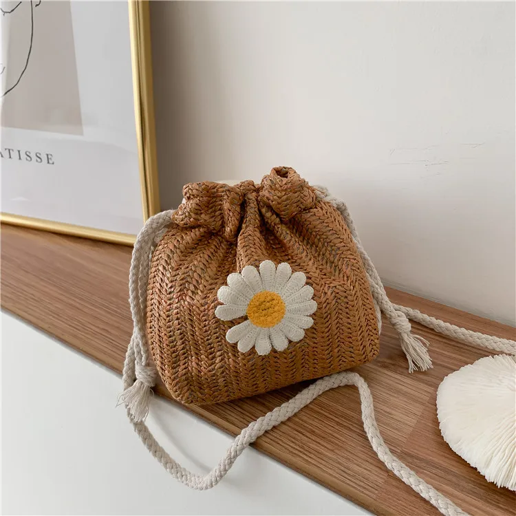 Women Sunflower Embroidery Straw Bucket Bag Wild Style Crossbody with Drawstring Mini Messenger Bag Crossbody Bags