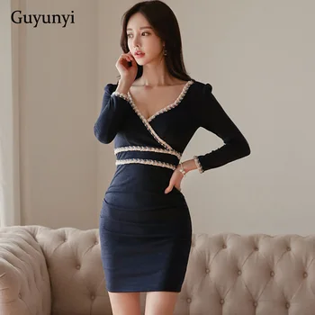 

High Waist Slim Pencil Dress 2020 Spring Simple Comfortable Nine Points Sleeve Small Sexy V-Neck Women's Elegant Party Dress