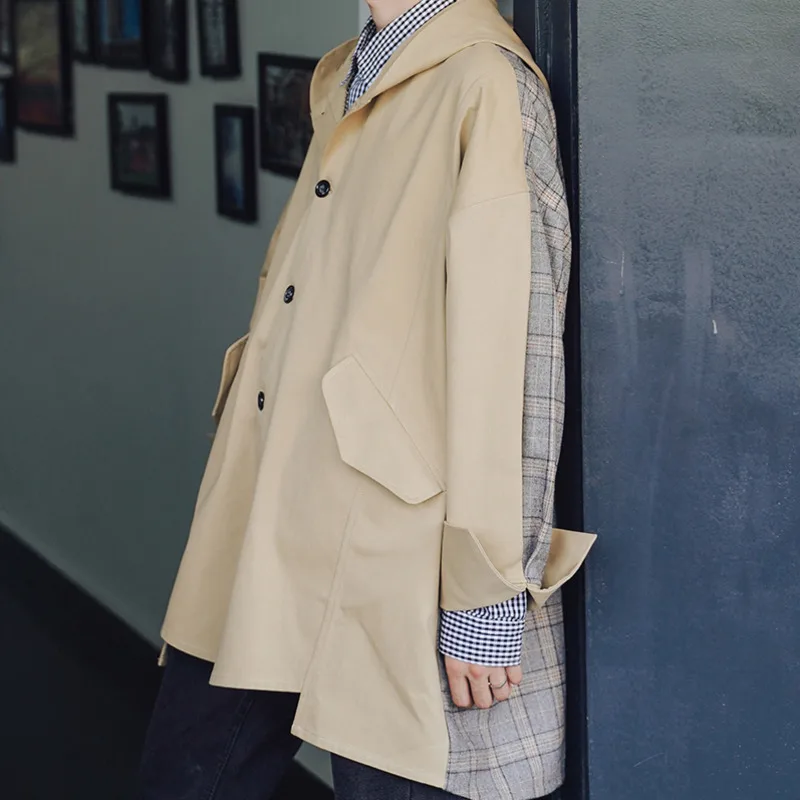 

EWQ / Autumn Winter 2019 Patchwork Plaid With Hooded Long Sleeve Open Stitch Loose Coat Man's Vintage Style Personality FS929