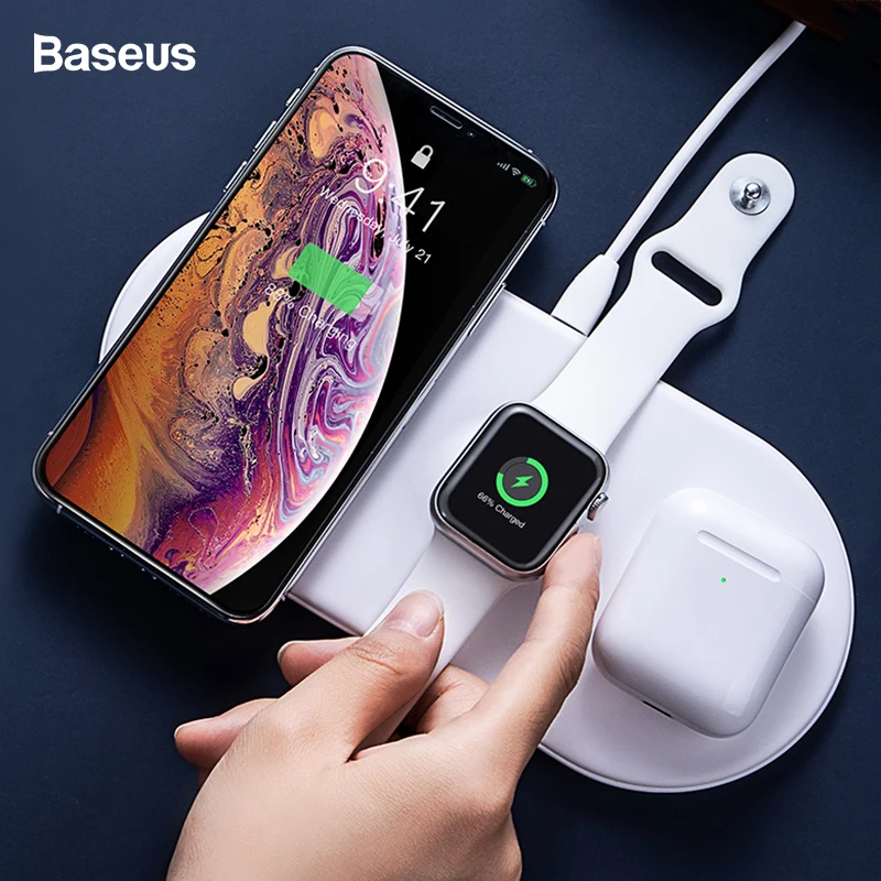 Comprar Cargador inalámbrico Baseus 3 en 1 Qi para Airpods Apple Watch 4 3 2 1 iWatch almohadilla de carga rápida inalámbrica para iPhone 11 Pro Xs Max X