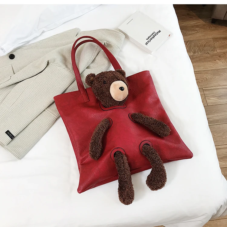 Милое модное плюшевое украшение для медвежонка из искусственной кожи Женская Большая вместительная сумка для покупок сумка на плечо женская сумка-кошелек