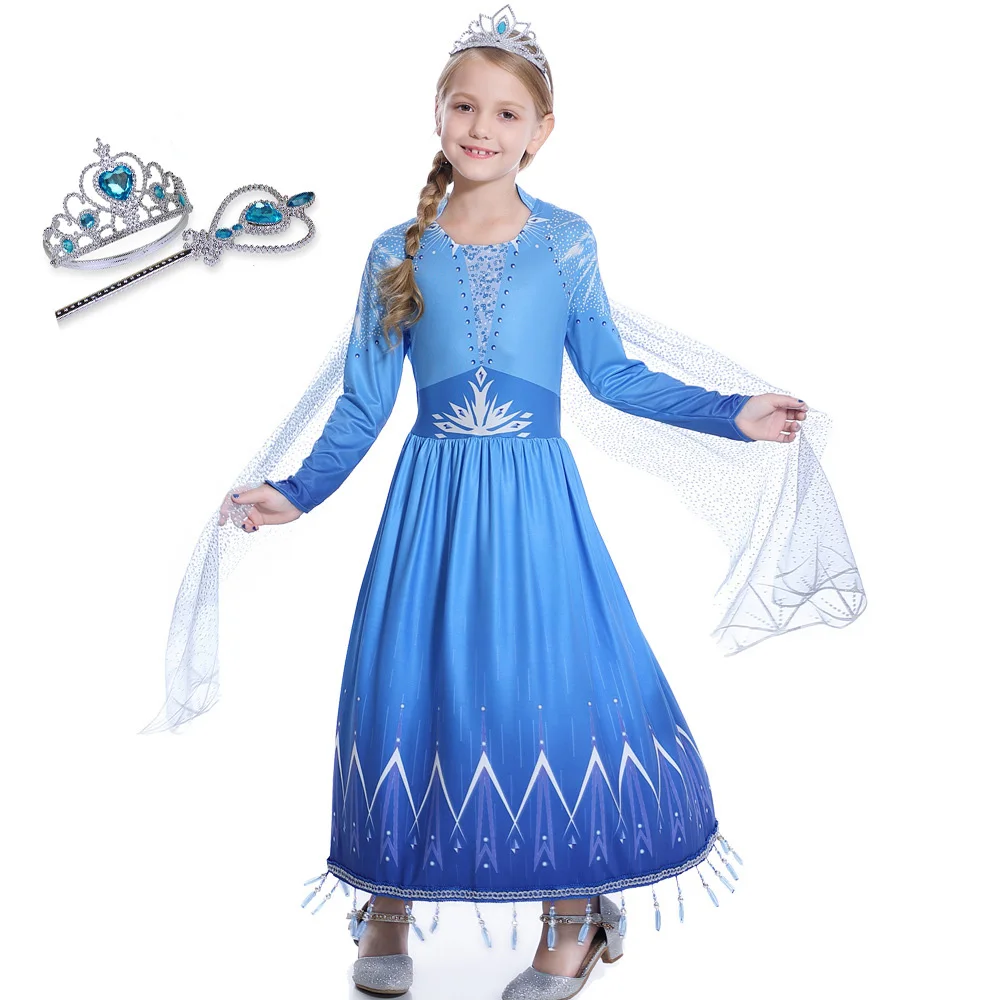 

2020 New Elsa 2 Child Adult Dress Frozen 2 Christmas Set Cosplay Birthday Party Blue Crystal Evening Dress Parent-child Set