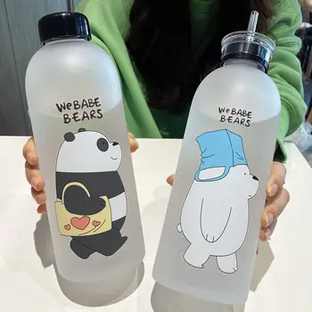 

1000ml Bear Pattern Transparent Plastic Bottle Cartoon Frosted water Bottles Leak-proof Drinkware Panda Polar Bear Brown Cup