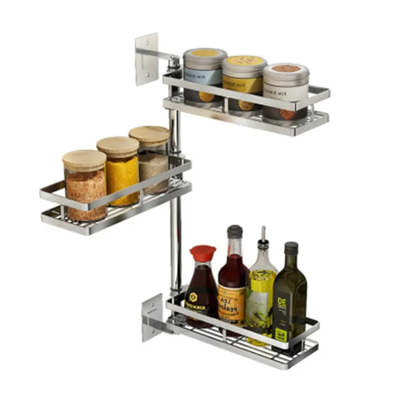 Kitchen rack 304 stainless steelNo punching Seasoning  rack wall-mounted corner rotation storage rack space-saving pendant