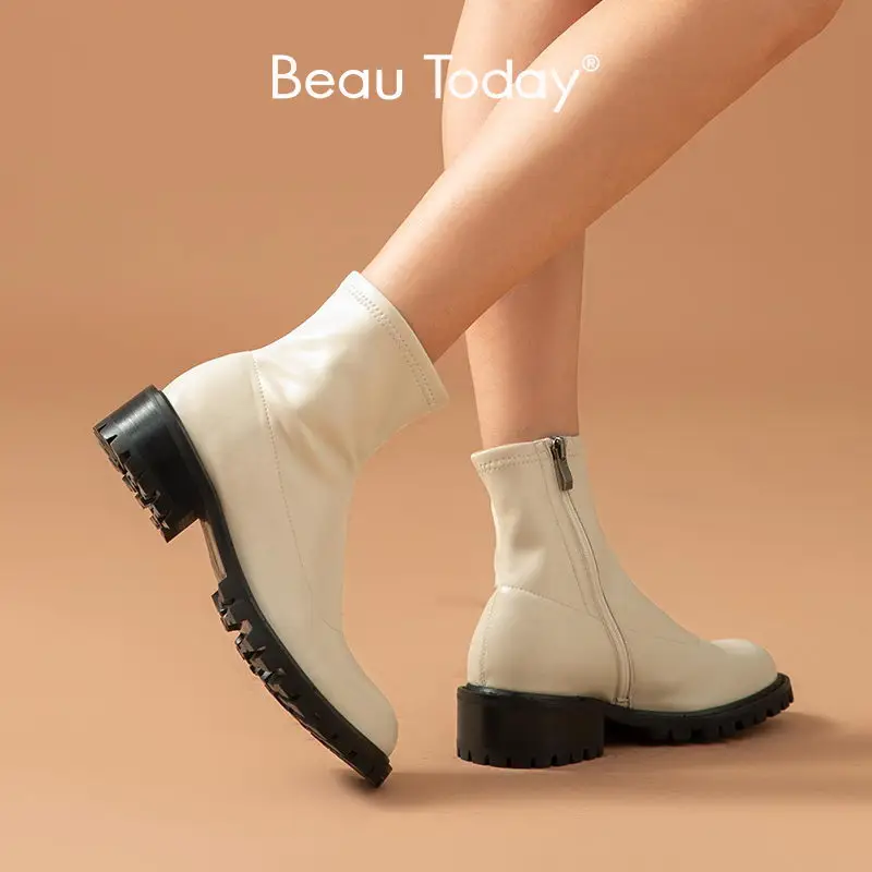 

Ankle Boots Women PU Leather Round Toe Jagged Chunky Sole Side Zipper Closure Retro Ladies Shoes Handmade BeauToday 03479