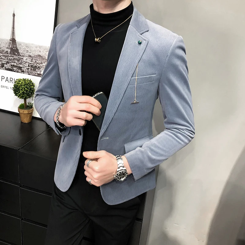 

Мужской Модный деловой пиджак, весна-осень 2021, мужской однотонный официальный костюм на одной пуговице, рабочая Повседневная брендовая одежда, куртка