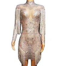 

Long Sleeve Transparent Mesh Women Short Dresses Bling Silver Chain Tassel Rhinestones Dresses Evening Prom Outfit DS Costumes