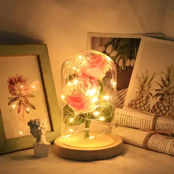 

Artificial Rose LED Glass Bottle Lamp Night Light Home Decor Valentine's Day Birthday Gift Decoration Bedside Wooden Desk Lamp