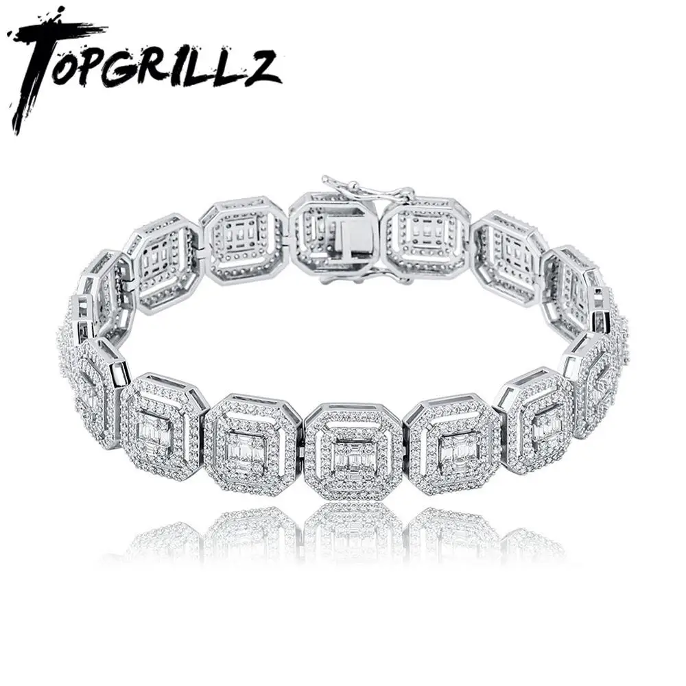 

TOPGRILLZ New 13mm Personality Baguette Bracelet Miami Cuban Chain High Quality Iced Out Cubic Zirconia Hip Hop Jewelry For Gift