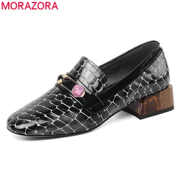 

MORAZORA 2020 big size 33-42 fashion women shoes med heels square toe dress shoes genuine leather slip-on single shoes woman