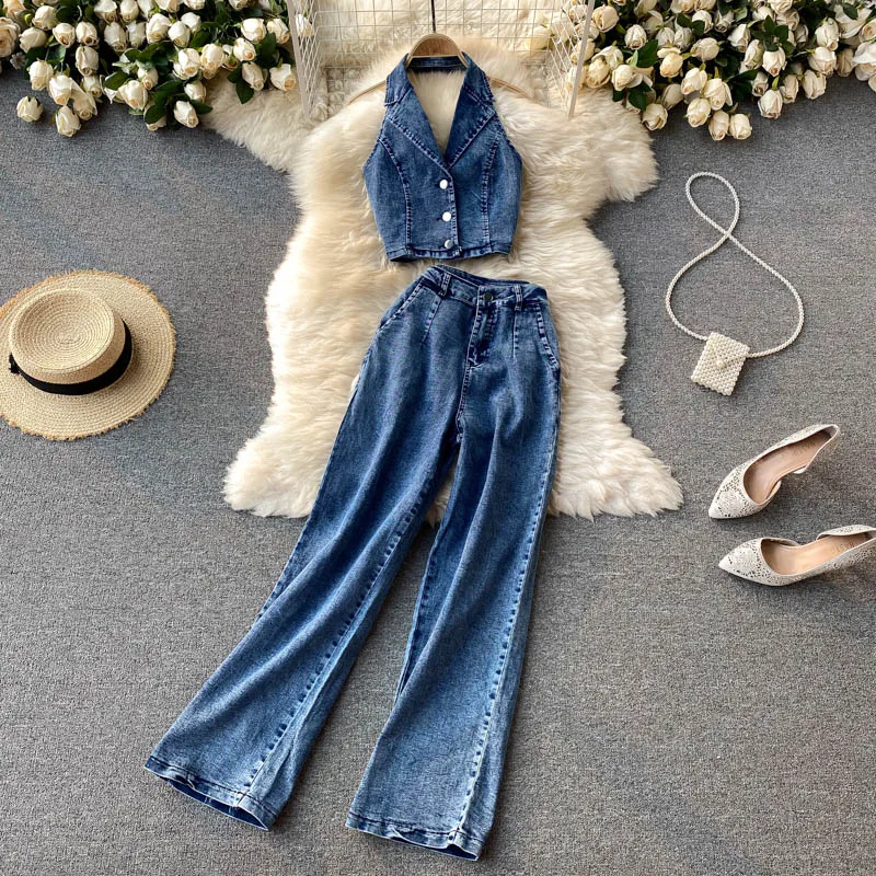 

Летние женские брючные костюмы, короткий топ с открытой спиной и воротником хомутиком, джинсы с высокой талией, модный сексуальный комплект из двух предметов, женская одежда