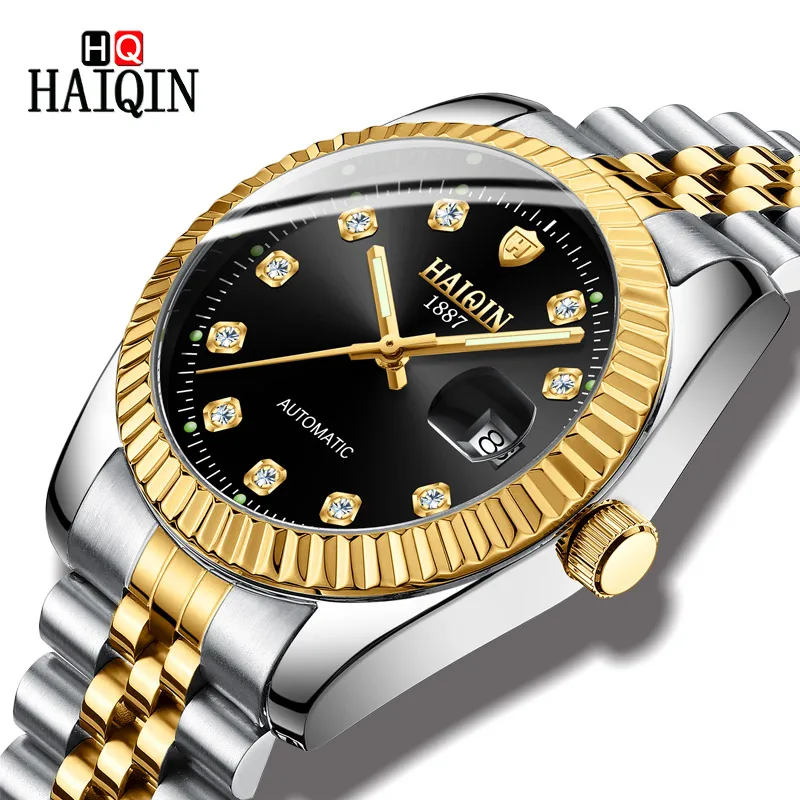 

HAIQIN Men's Watches 2019 Gold Diamond Luxury Mechanical Watch Stainless Steel Waterproof Automatic Watch Men Relogio Masculino