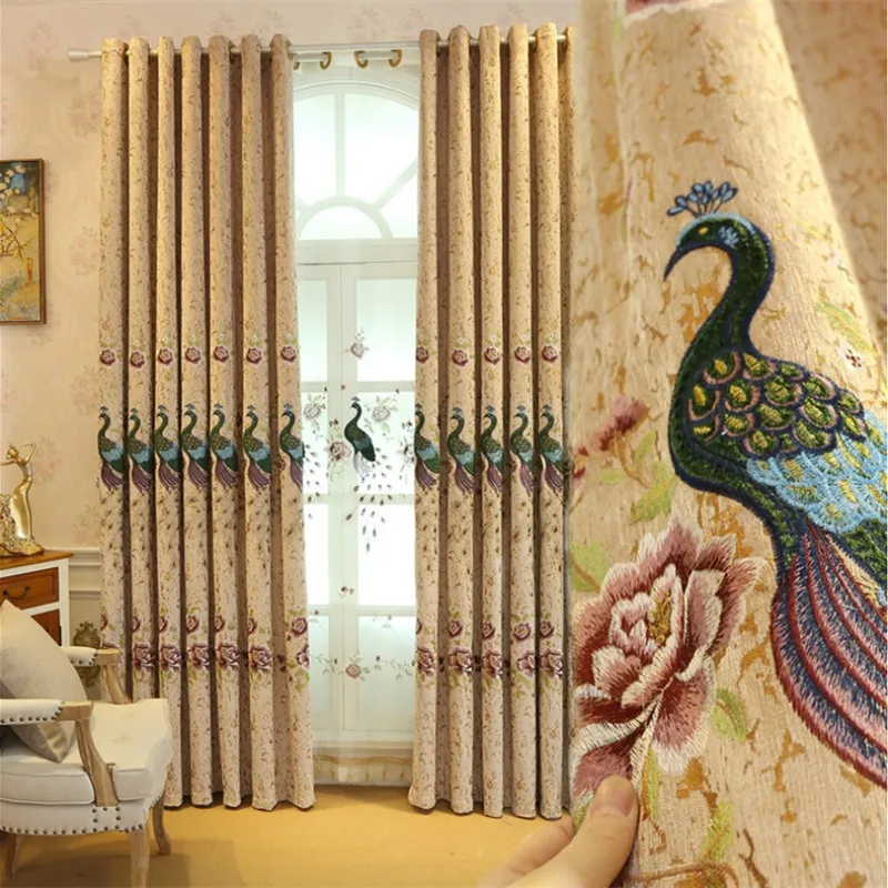 

High-end European Luxury Chenille Peacock Embroidery Shade Curtains for Living Dining Room Bedroom.