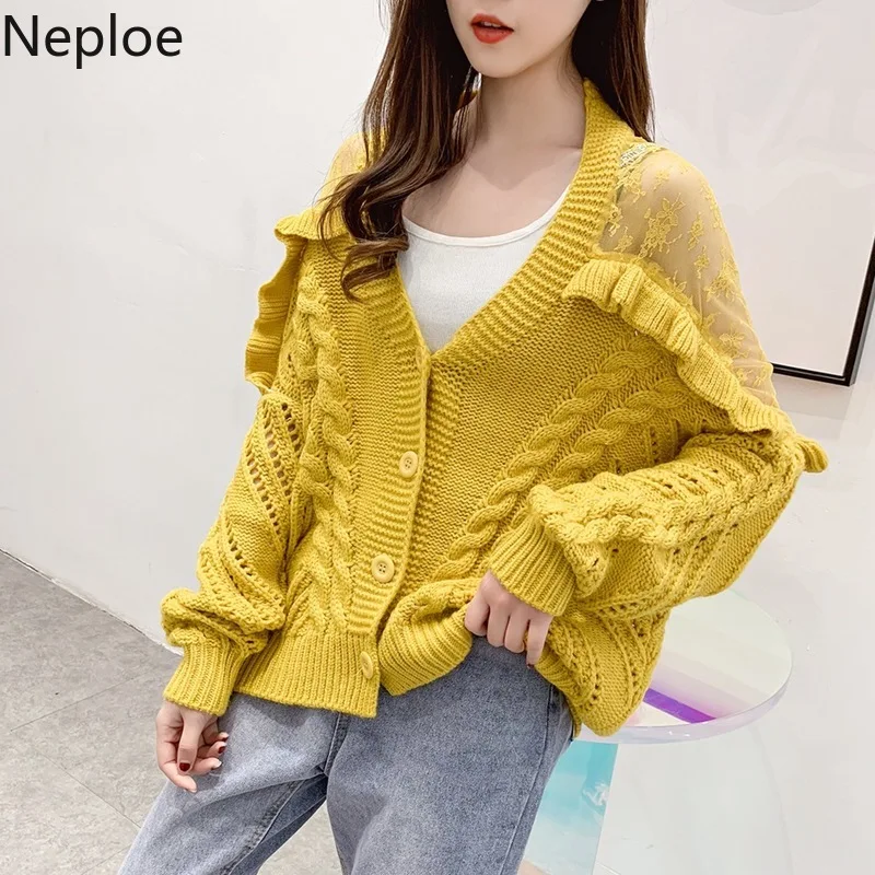 Neploe новые кружевные лоскутные укороченные кардиганы женские с v-образным вырезом свободные модные боты с открытой строчкой элегантный Сказочный осенний свитер 45859