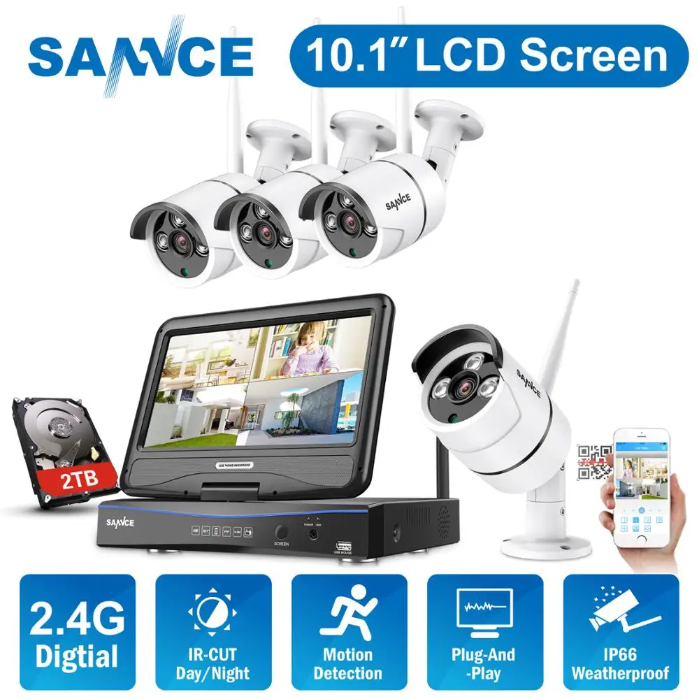 SANNCE 2MP 1080P CCTV система 8CH HD Беспроводной NVR комплект с 10,1 ''ЖК-экраном ночного видения 4 шт. IP Wifi камера система безопасности