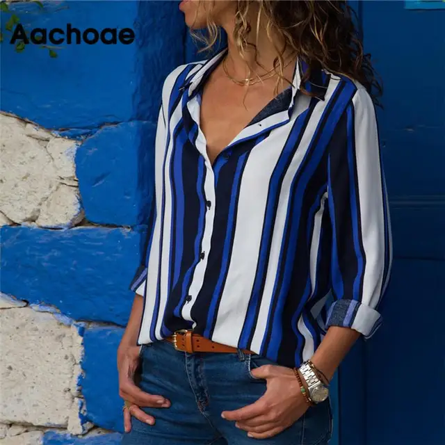 US $7.33 Chiffon Blouse Women Long Sleeve Striped Shirt Turn Down Collar Office Shirt Casual Tops Blusas Fem