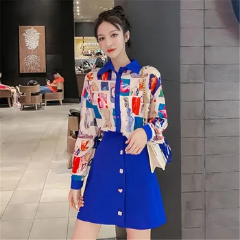 

CBAFU office lady summer women set fashion print shirts long sleeve blouse button skirt set casual 2 piece set female suit P915