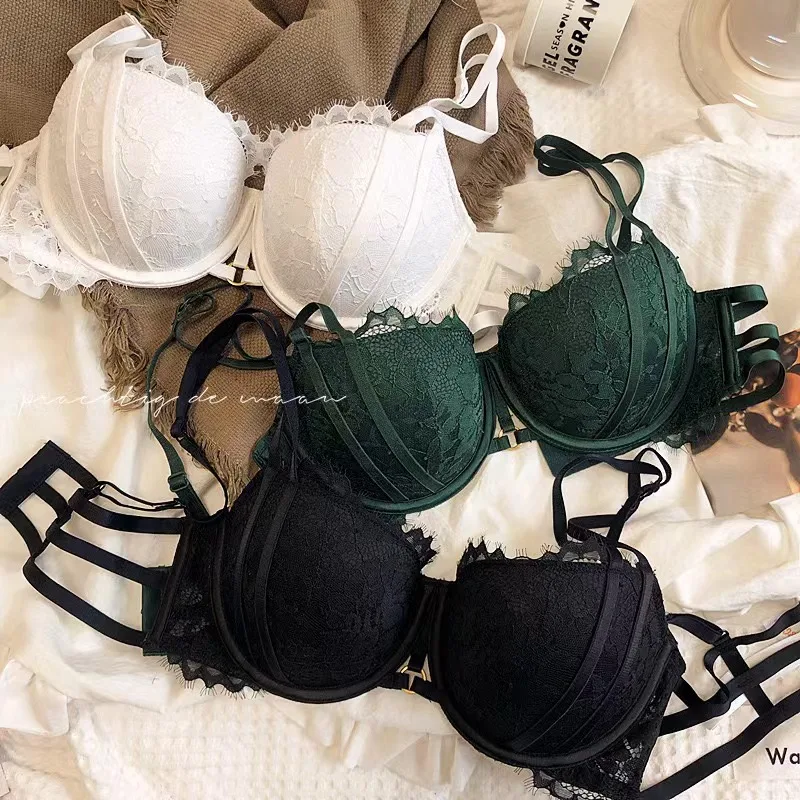 bra panty sets 2022 New Half Cup Hollow Out Women Sexy Underwear Thicken Push Up Lingerie Suits White Dress Fashion Green Intimates Big Size sexy underwear sets