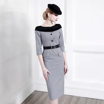 

New Vintage Retro Plaid Dress Women Slim Bodycon Knee Length Dresses Spring Fall Office Ladies Casual Party Vetsidos Female