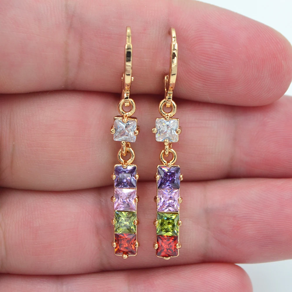 Fashion Jewelry Gold Color Colorful Cubic Zirconia Rainbow CZ Linear Square Blocks Dangle Earrings for Women | Украшения и