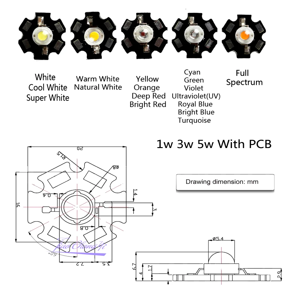 Pack of 10 High Power LED Lights with 20mm Star PCB - Multi-Color and White Options