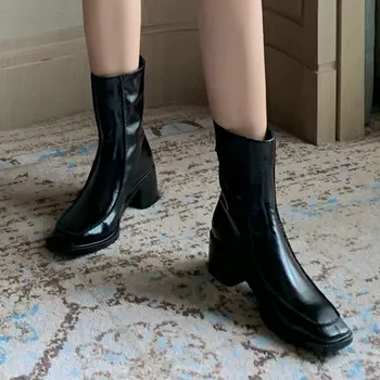 

Genuine Leather Square Toe Low-heels Women Boots Fashion Retro Fall New Zipper Ankle Boots Ladies Party Shoes Winter Short Boots