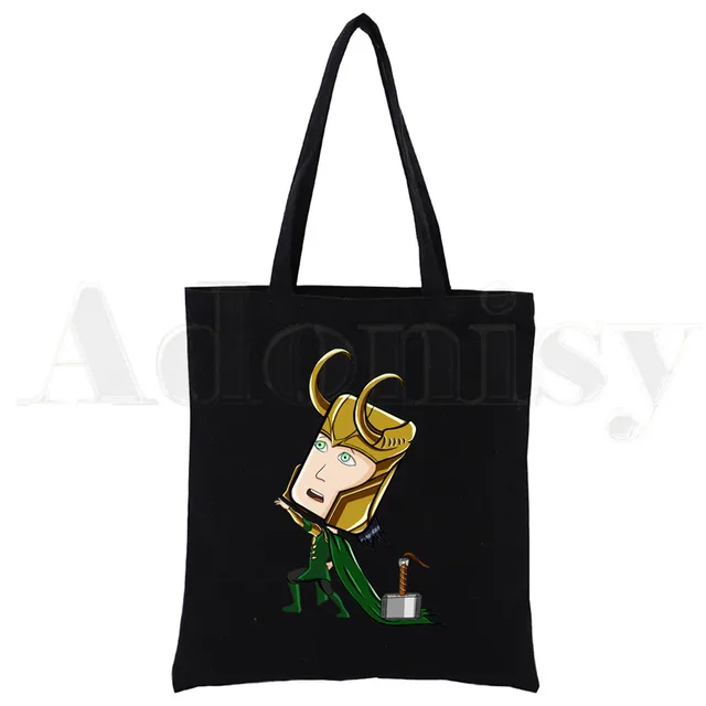 Super Hero LOKI Funny God of Mischief Reusable Shopping Bag Canvas Tote Bags Printing Eco Bag Shopper Shoulder Bags Black H