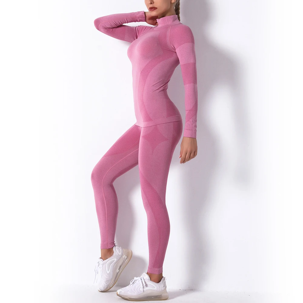 Women's Fashion Sportswear Set High Neck Striped Seamless Long Sleeve Fitness Sports Slim Yoga Wear High Waist Elastic Leggings