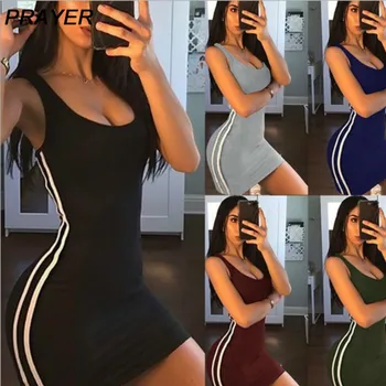 

2020 Spring Summer Women Sexy Deep Neck Sleeveless Package Hip Slim Fit dress Side Stripe Line Women Sports Style Dress S-2XL