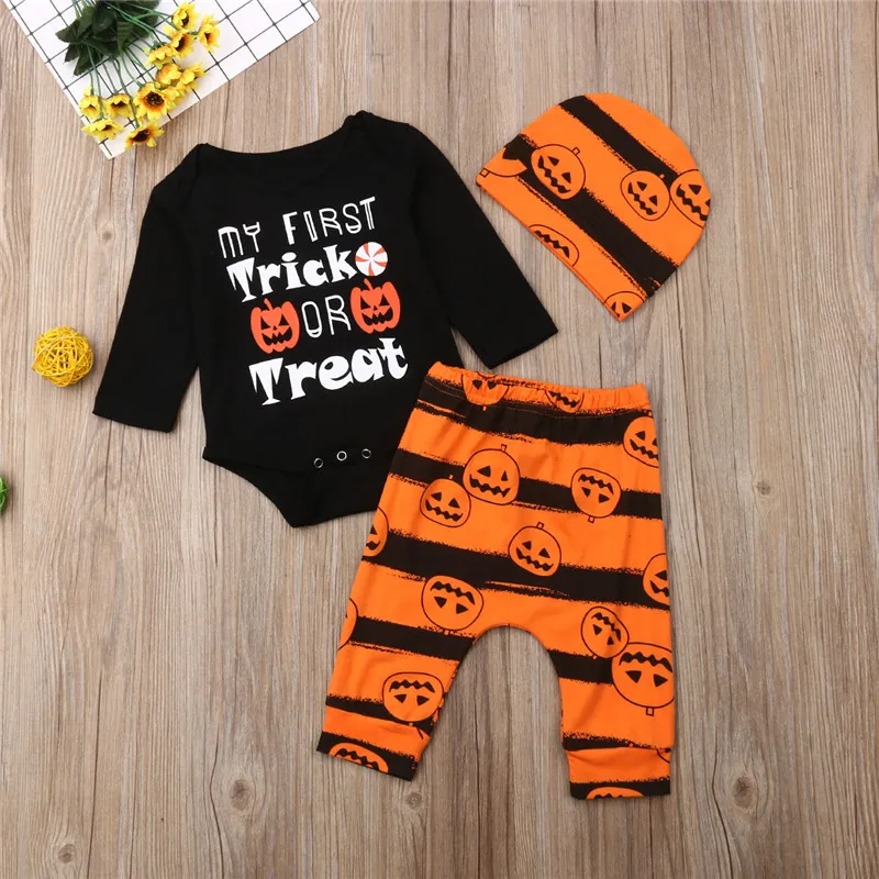 

Halloween Newborn Baby Boys clothes Pumpkin print Pants striped Geometry Hat long sleeve round neck Bodysuit 3pc autumn outfits