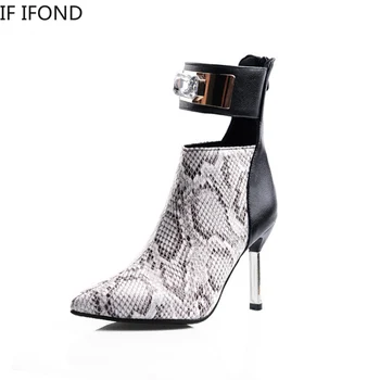 

IF IFOND Spring Autumn High Heels Pointed Toe Snake pattern Faux Leather Zipper Style Sexy Ankle boots Party Shoes