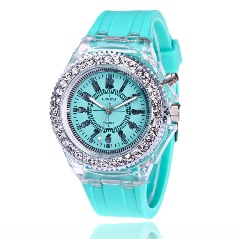 Geneva светящиеся семь цветов светодиодный Кристалл Часы мужские и женские стиль COUPLE'S силиконовые блестящие часы - Цвет: Mint Green