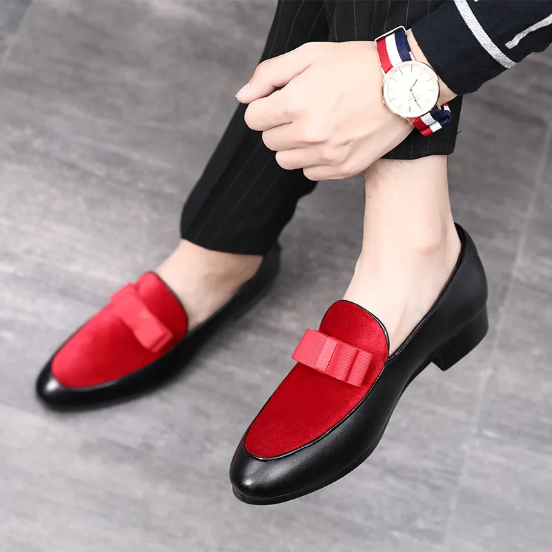 

2019 New Men Formal Shoes Bowknot Wedding Dress Male Flats Gentlemen Casual Slip on Shoes Black Patent Leather Red Suede Loafers