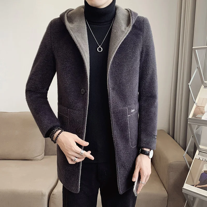 Осенне-зимнее мужское повседневное пальто с капюшоном утепленное шерстяное