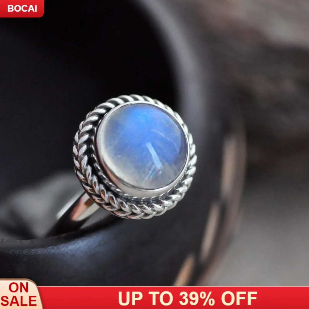Женское кольцо из серебра 925 пробы с натуральным лунным камнем синее круглое