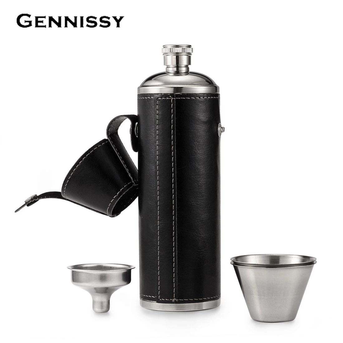 Stainless Steel with Leather Wrapped Cover and 100% Leak Proof GENNISSY Pocket Hip Flask 8 Oz with Funnel 