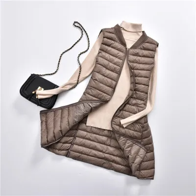 Women Duck Down Long Vest Ultra Light Portable Slim Waistcoat Female Stand Collar Sleeveless Down Jacket Khaki