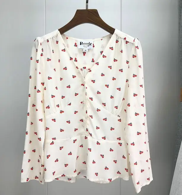 Женская блузка с длинным рукавом, рубашка, женские блузки, топ, vestido de festa, вишневый принт, v-образный вырез, длинный рукав, вискозная блузка - Цвет: BL19538-1