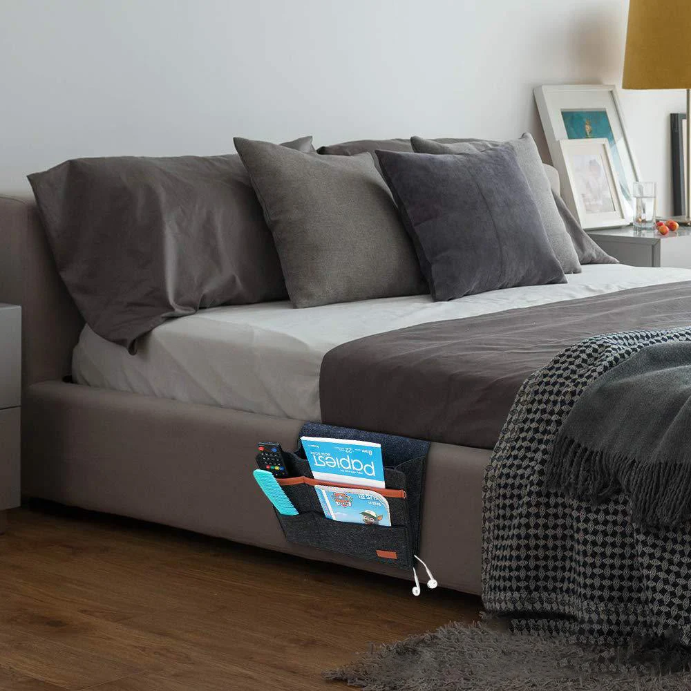 

LemonBest Bed Storage Pockets Bedside Caddy Felt Bed Storage Organizer Bag With 2 Pockets Tablet Magazine Cellphone Storage Bag