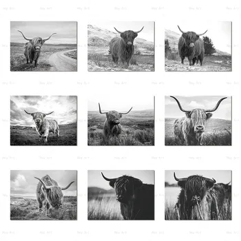 

Canvas Painting Print Modern Picture Wall Artwork Highland Cow Black White Nordic Style Poster For Living Room Home Decor