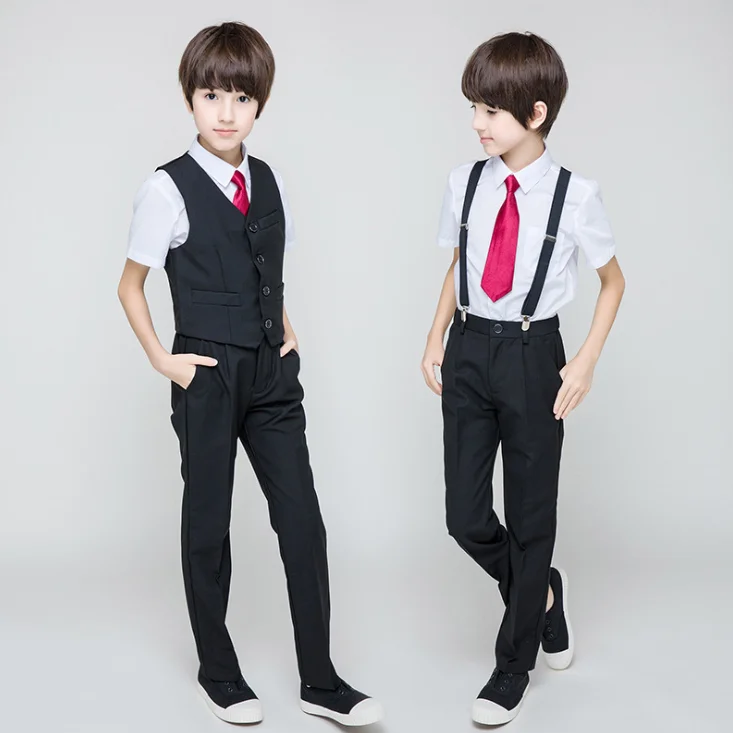 

Children Formal Suit Sets Flower Boys Vest & Pant Shirts Bowtie 3pcs Outfits Kids Wedding Party Piano Performance Host Costumes