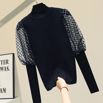 

Lantern Sleeve Slim-Fit Turtle-Neck Black Mesh Panel Knit Sweater Women's 2020 Spring Winter Knitted Sweater Shirt Body Pullover