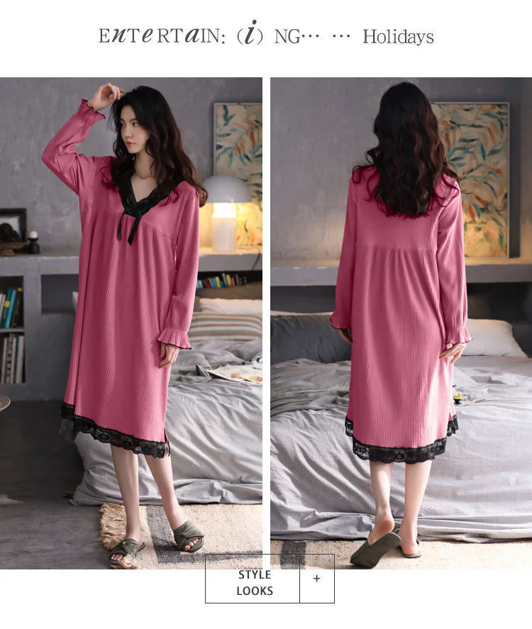 Fdfklak Sexy Spitze Frühling Herbst Nacht Kleid Frauen Neue Baumwolle Warme Nachtwäsche Nachthemd Langarm Lose ladys Nachthemd 3XL – Detail 8
