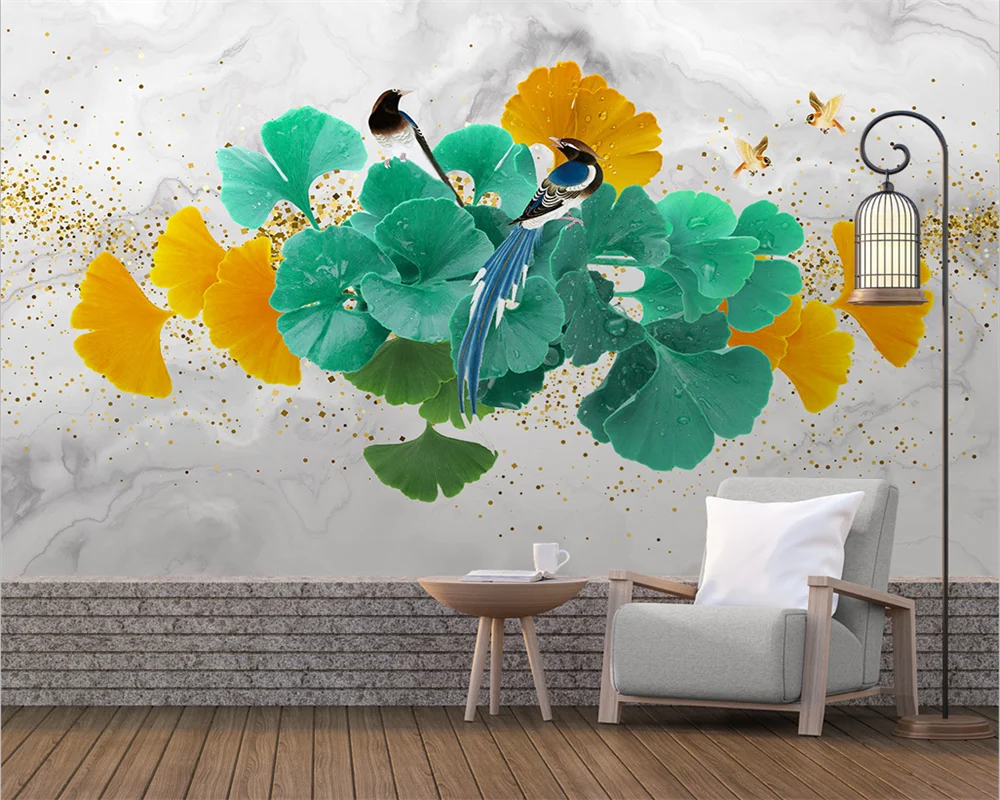 

beibehang Customized modern watercolor golden ginkgo leaf magpie marble background wallpaper wall papers home decor
