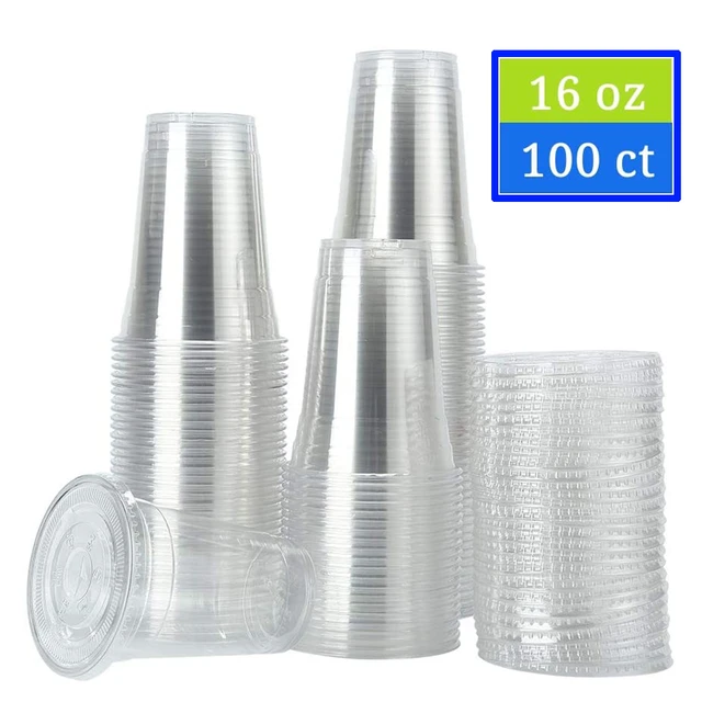 100 Pack] 16 oz Clear Plastic Cups with Flat Lids, Disposable Iced