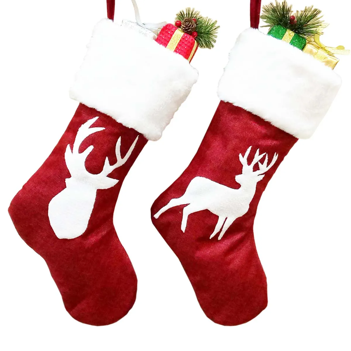 Christmas Stockings- 2Pcs 18 inches Reindeer Patterns with Plush Cuff Stockings for Family Holiday Xmas Party Decoration