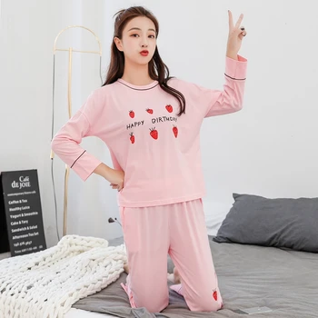 

100% Cotton V-neck Pajama Sets For Women 2020 Autumn Long Sleeve Pyjamas Girls Cute Cartoon Homewear Pijama Lounge Home Clothing