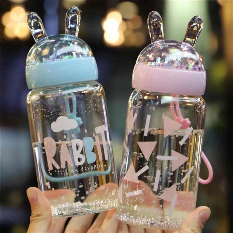 

Creative Cartoon Glass Female Portable Cute Transparent Milk Juice Glass Cup Plastic High Borosilicate Cup Water Bottle with Lid
