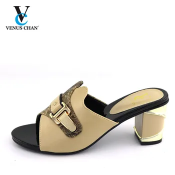 

New 2020 Summer Women Shoes Slippers Pinch toe Rubber Basic PU Solid Outside Mid Heels Adult Shallow Square Toe Slides