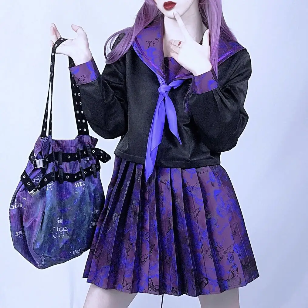 Purple Butterfly Dark Bad JK Uniform gothic Sailor Suit Japanese designer Short pleated Skirt two pieces set women sets clothes cow leather women waist belt men fashion trend luxury designer jeans clothing accessories thin girdle gothic pin buckle corset